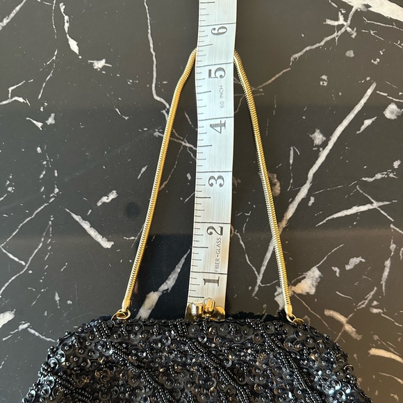 Vintage Black Beaded Clutch Handbag Sequence Gold Hardware Art Deco - Picture 10 of 10